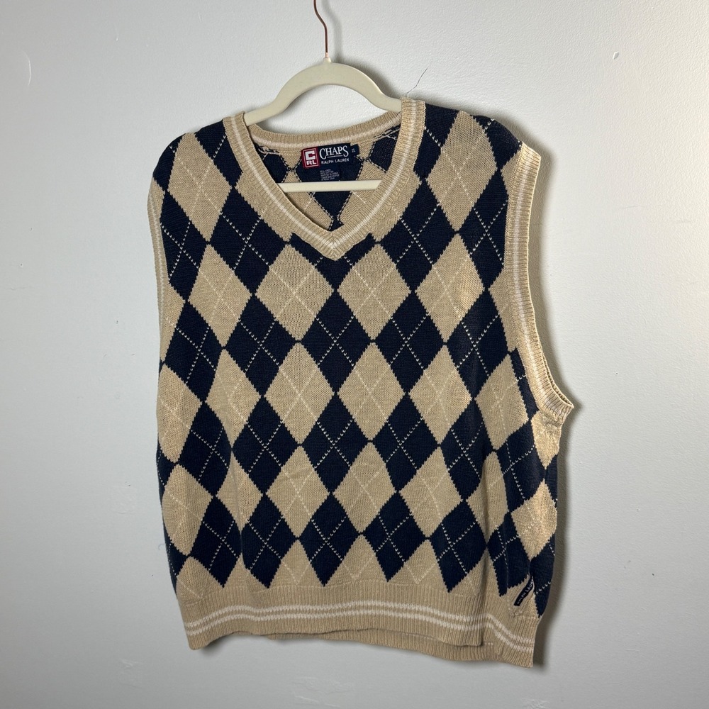 Chaps Ralph Lauren Vintage 90s Argyle Sweater Vest XL‎ Tan Navy Linen Blend